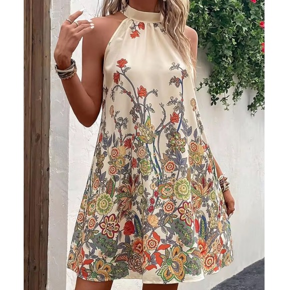 Seasty Dresses & Skirts - Seasty Women Shift Dress Sz XL Floral Apricot Halte Neck Botanical Print Boho